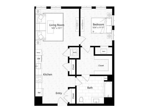 Floor plan for 1 bed, 1 bath, 672 sqft